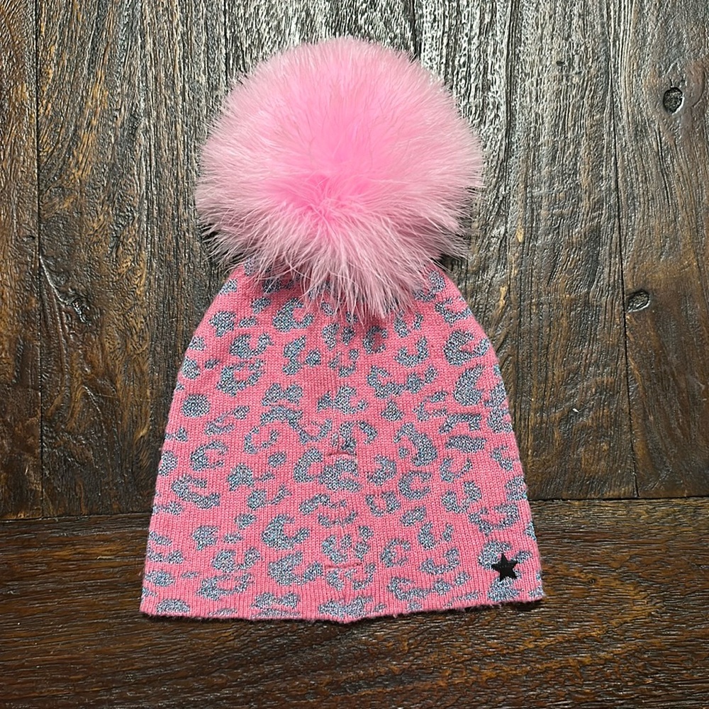 New Jocelyn Hot Pink Metalic Blue Silver Beanie Hat Pom Pom Cashmere Wool Winter